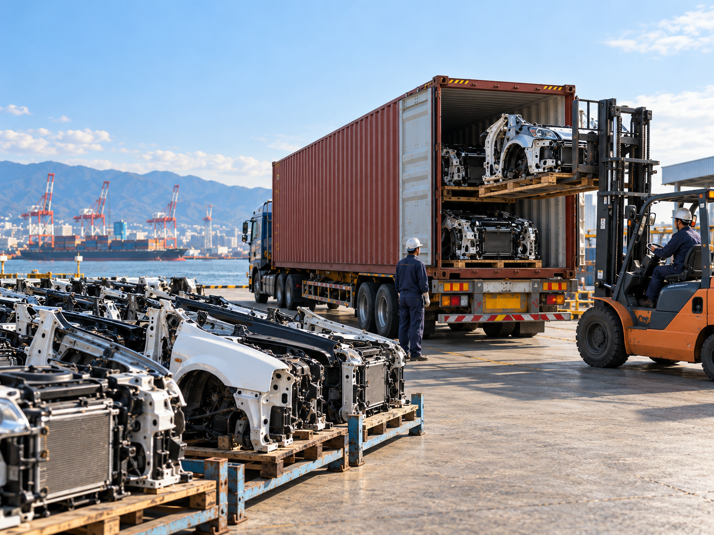 Examples of used parts and half cuts loaded into shipping containers
